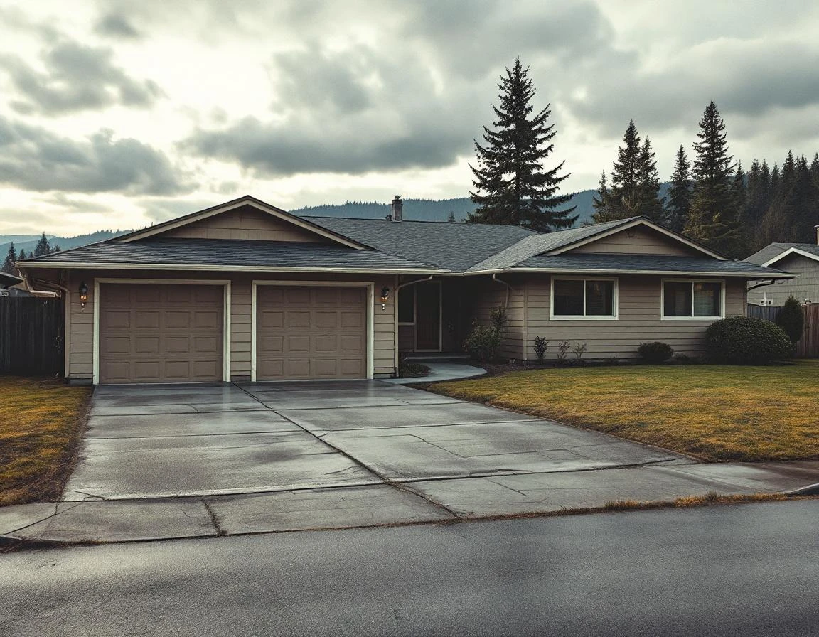 1970s North Bonneville home with attached two-car garage showing weathered doors vulnerable to Gorge winds