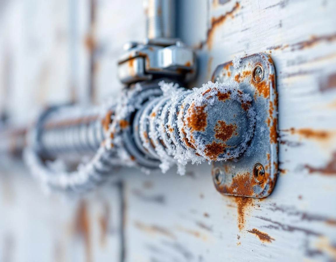 Frost-damaged garage door spring with rust corrosion and ice buildup from Central Oregon freeze-thaw cycles