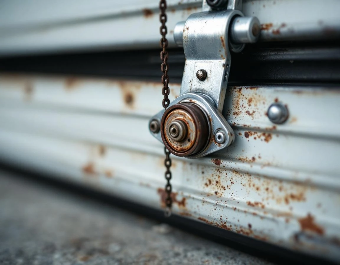 Close-up of garage door chain drive mechanism with loose chain and worn metal rollers on steel tracks