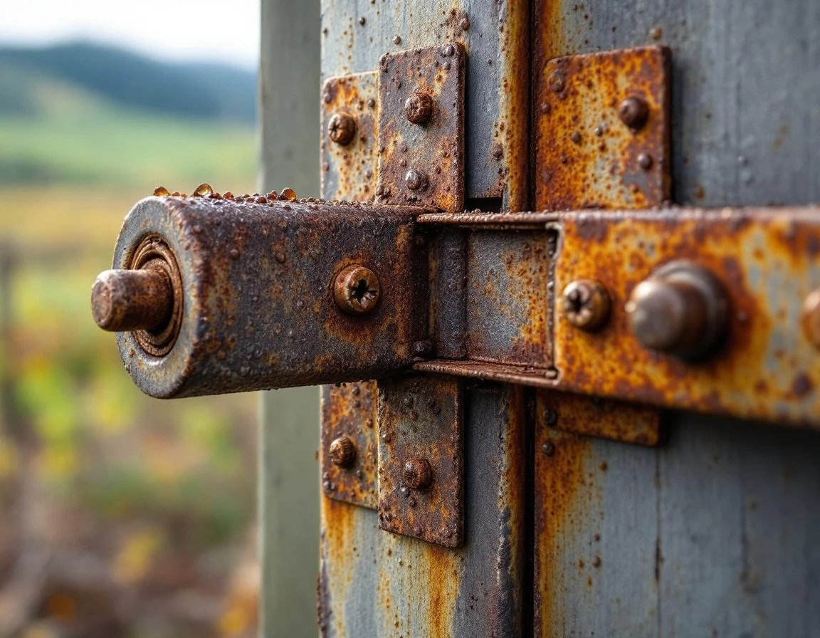 Rusted garage door hinges and roller brackets with moisture droplets from Yamhill County fog