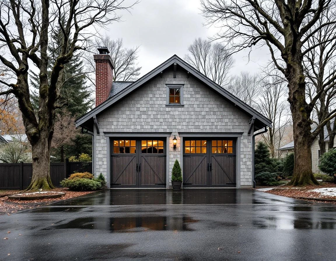 Craftsman detached garage with traditional divided-light doors and weathered siding on wet winter day in Forest Grove