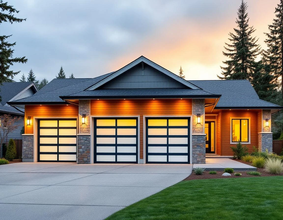 Modern three-car garage with WiFi-enabled smart openers on contemporary Battle Ground home
