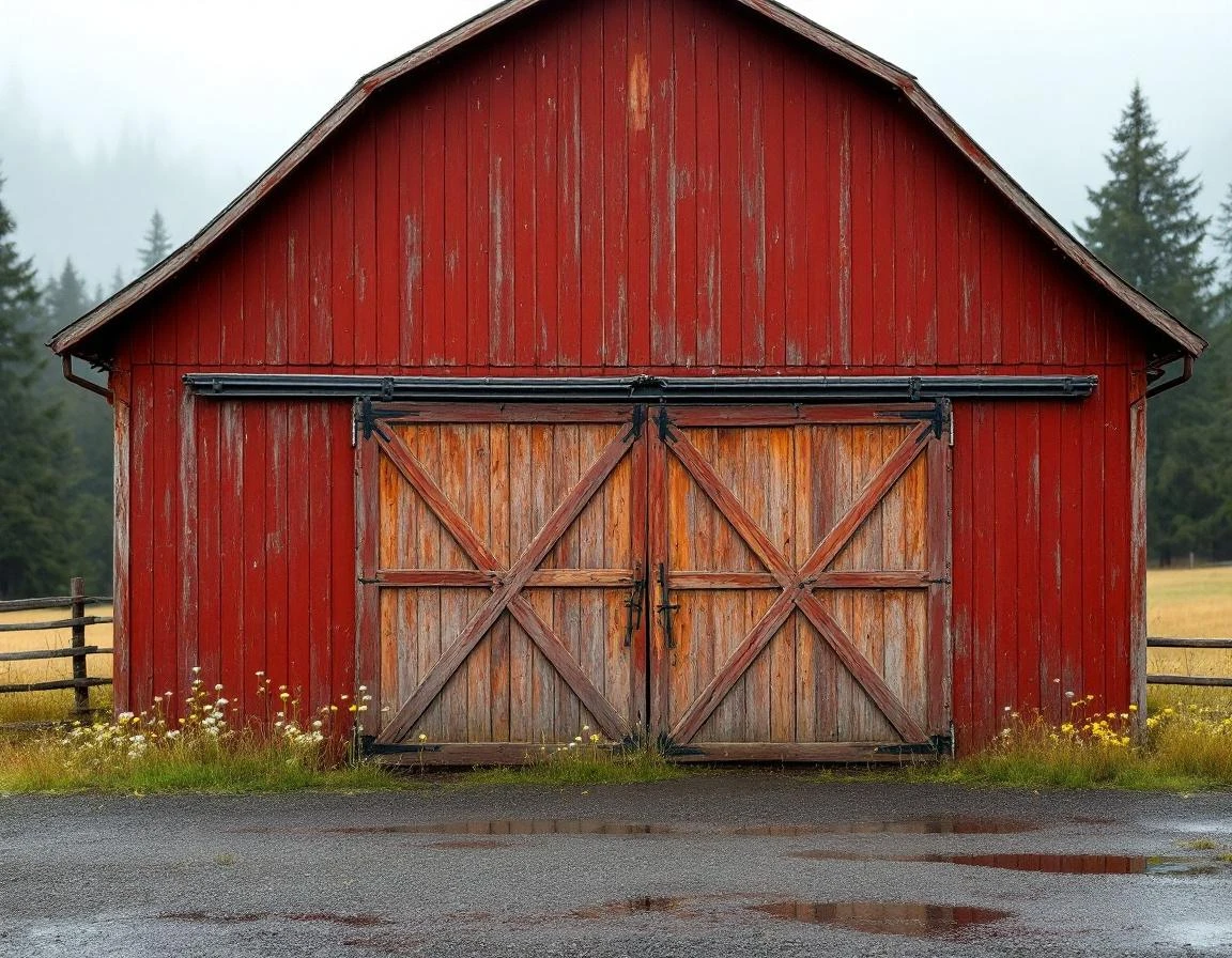 Weathered red barn with wooden garage door on rural North Plains farm property under overcast spring sky