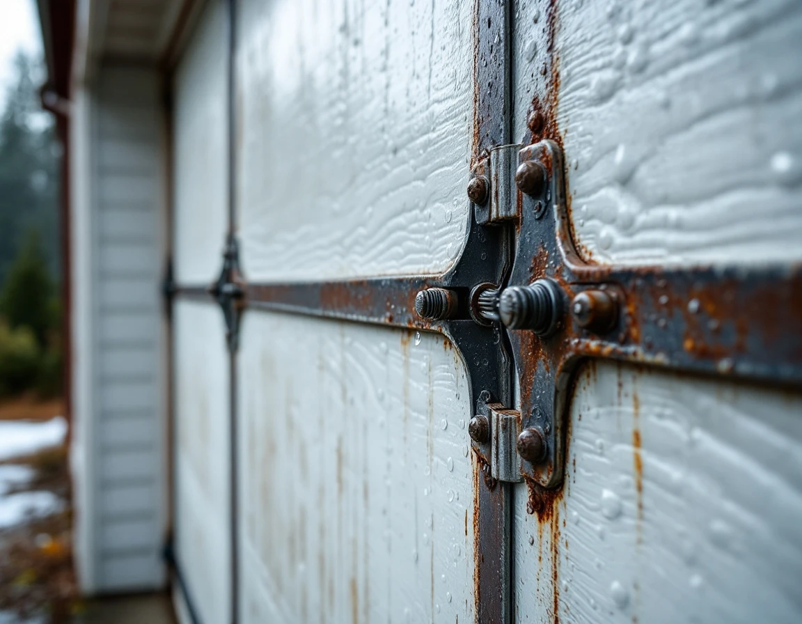 Moisture condensation on garage door springs and metal hardware during Castle Rock's wet winter season