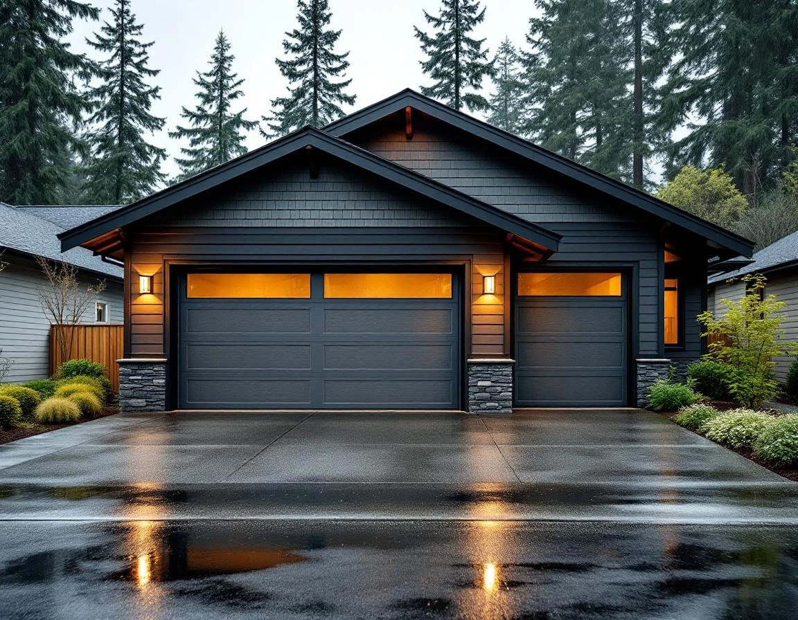 Modern garage doors on Vancouver subdivision home showing spring moisture weathering from Pacific Northwest winter