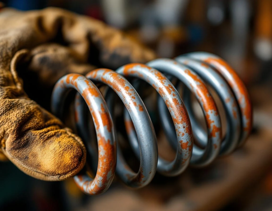 Worn garage door torsion springs with visible corrosion from Central Oregon freeze-thaw cycles