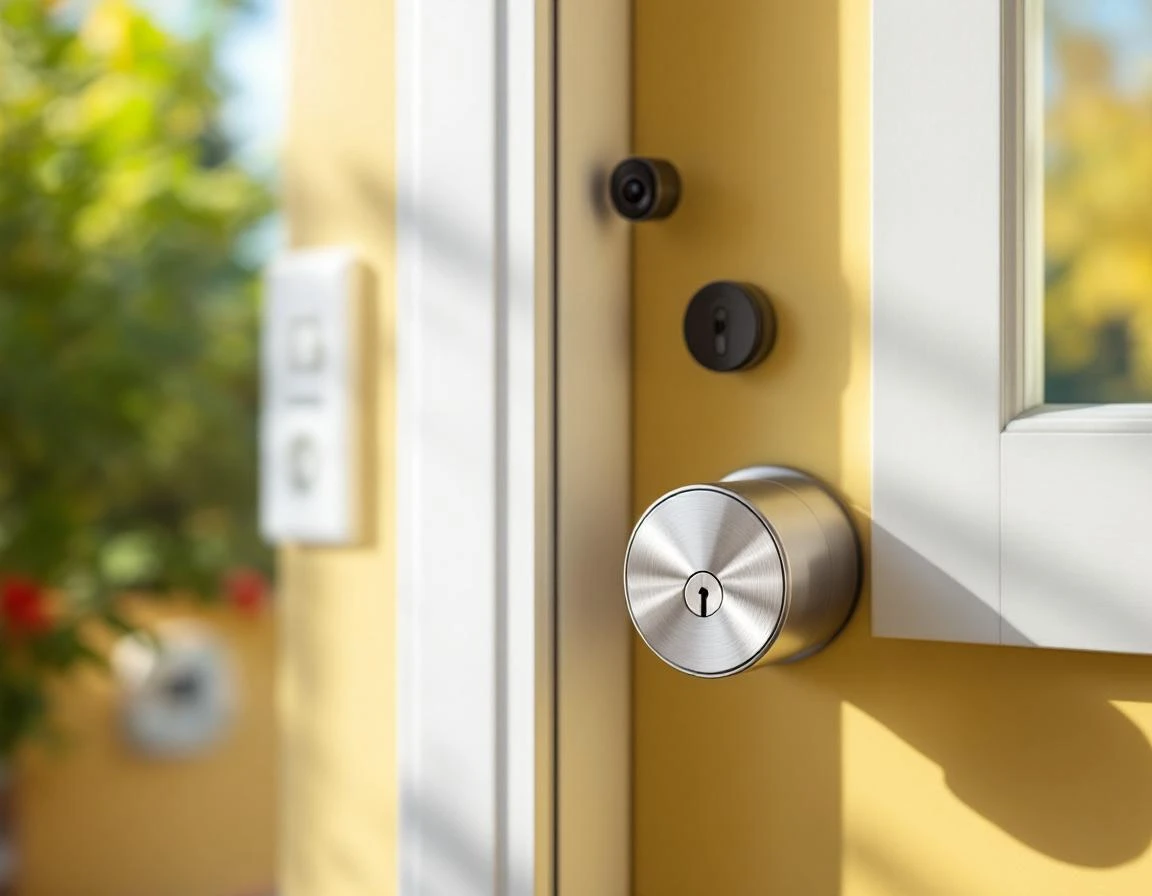 Smart lock installed on garage door frame with security camera and organized cable management