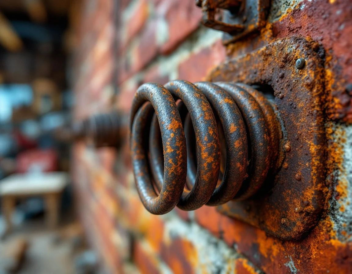 Severely rusted garage door torsion spring showing advanced corrosion and metal fatigue on brick wall