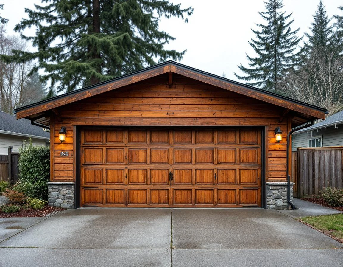 Weathered mid-century wooden garage door showing age-related patina from decades of Pacific Northwest weather cycles