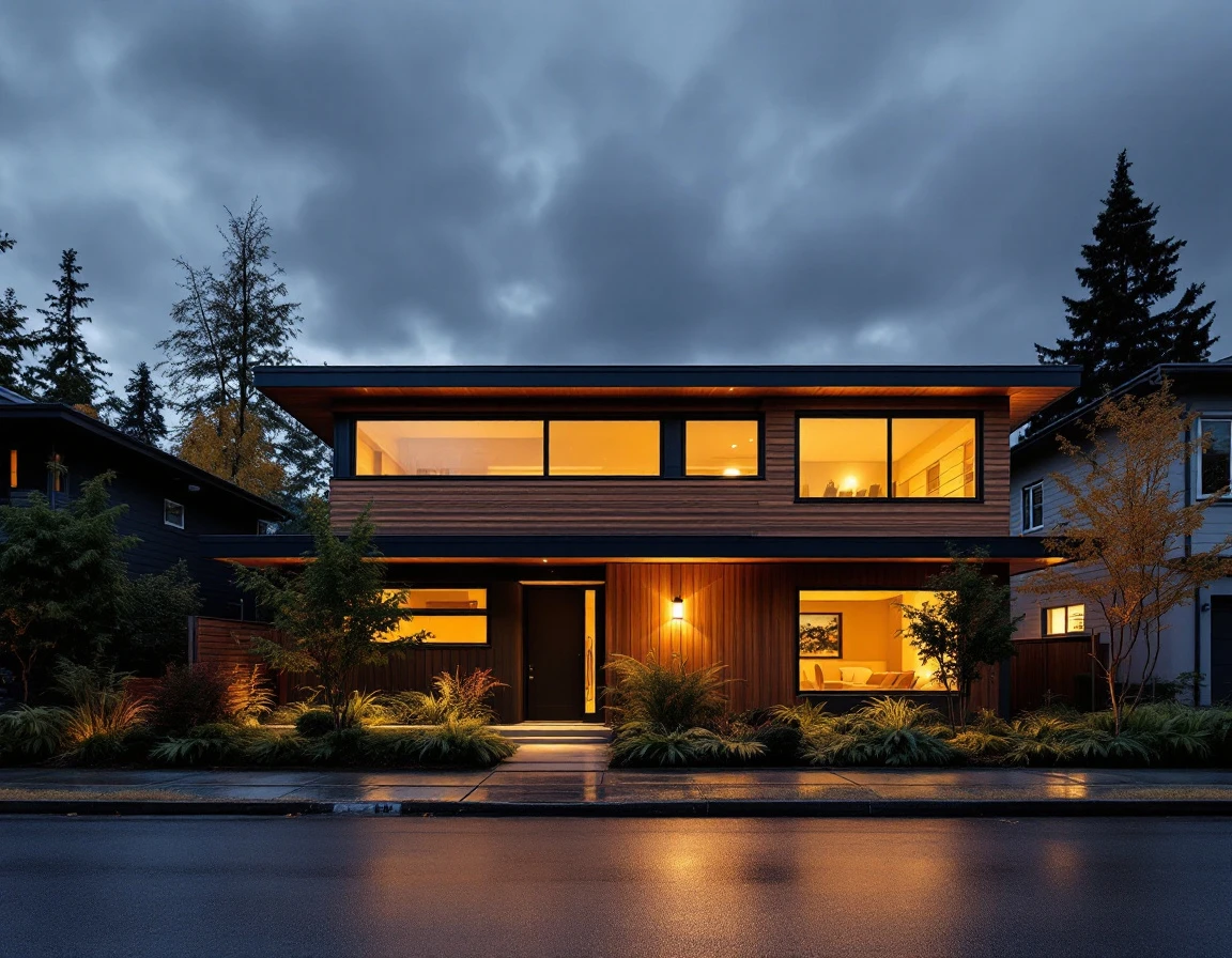 Contemporary home with varied window lighting in Portland neighborhood at autumn dusk