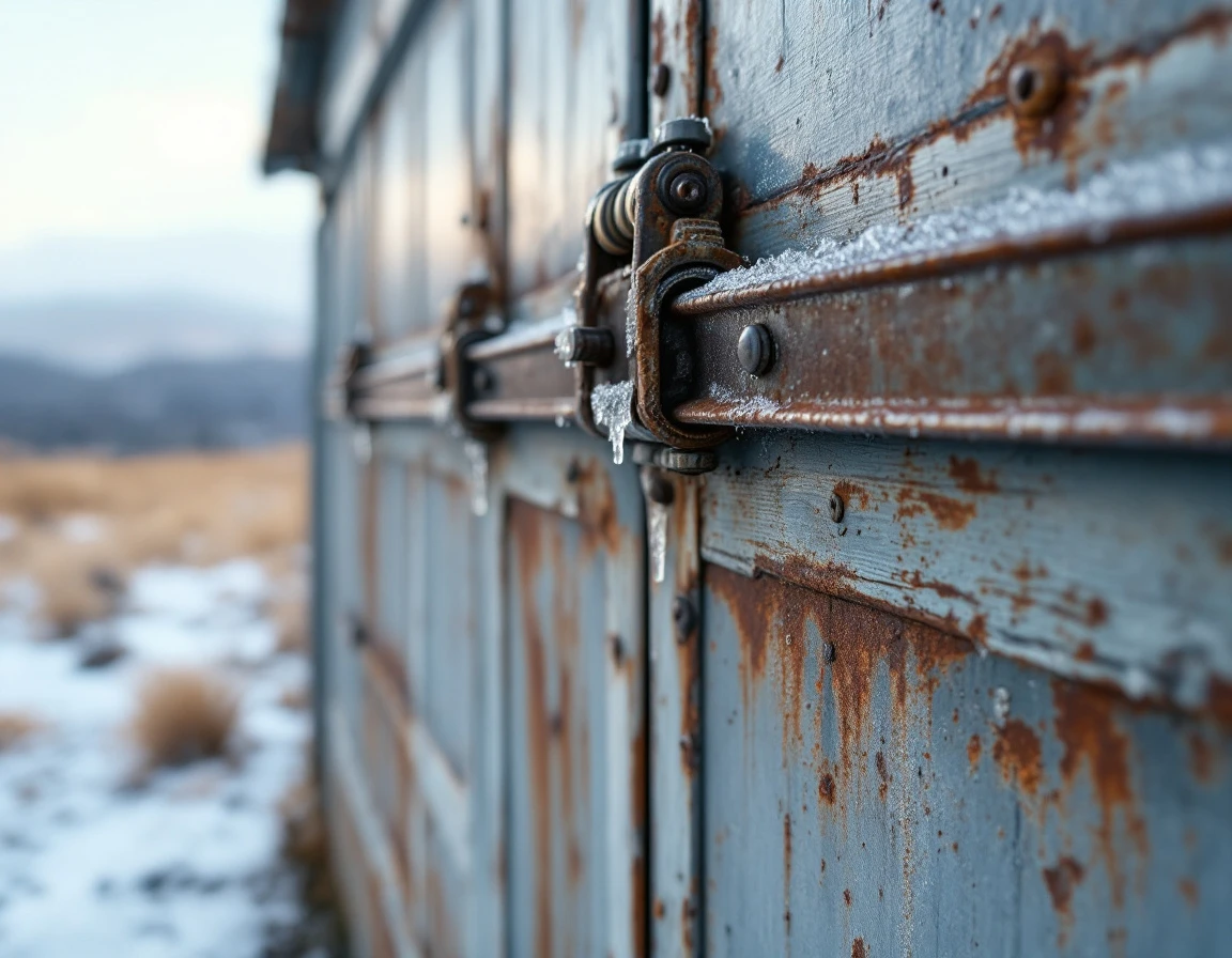 Frost-damaged agricultural garage door spring mechanism showing winter weather deterioration in Culver, Oregon