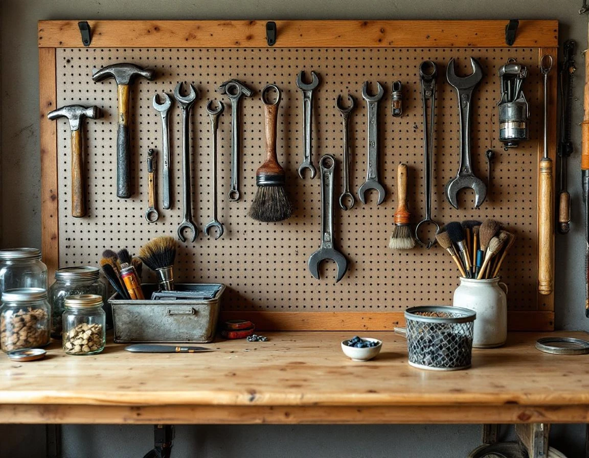 Organized garage workbench with hanging tools and storage bins ready for seasonal maintenance tasks
