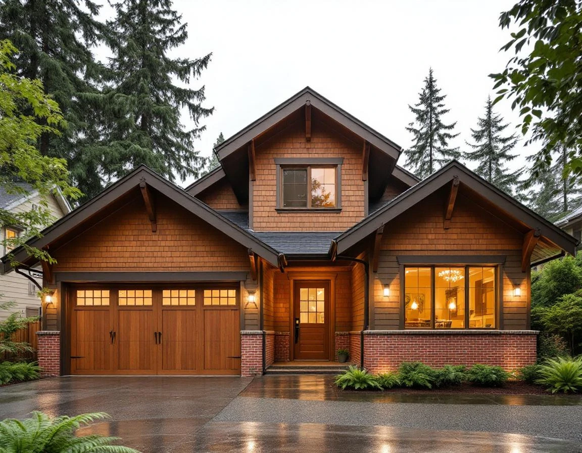 Craftsman home with matching garage in Portland featuring natural materials and authentic Northwest architectural details