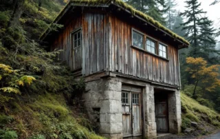 Historic wooden garage on steep Oregon City hillside showing foundation settling from slope movement