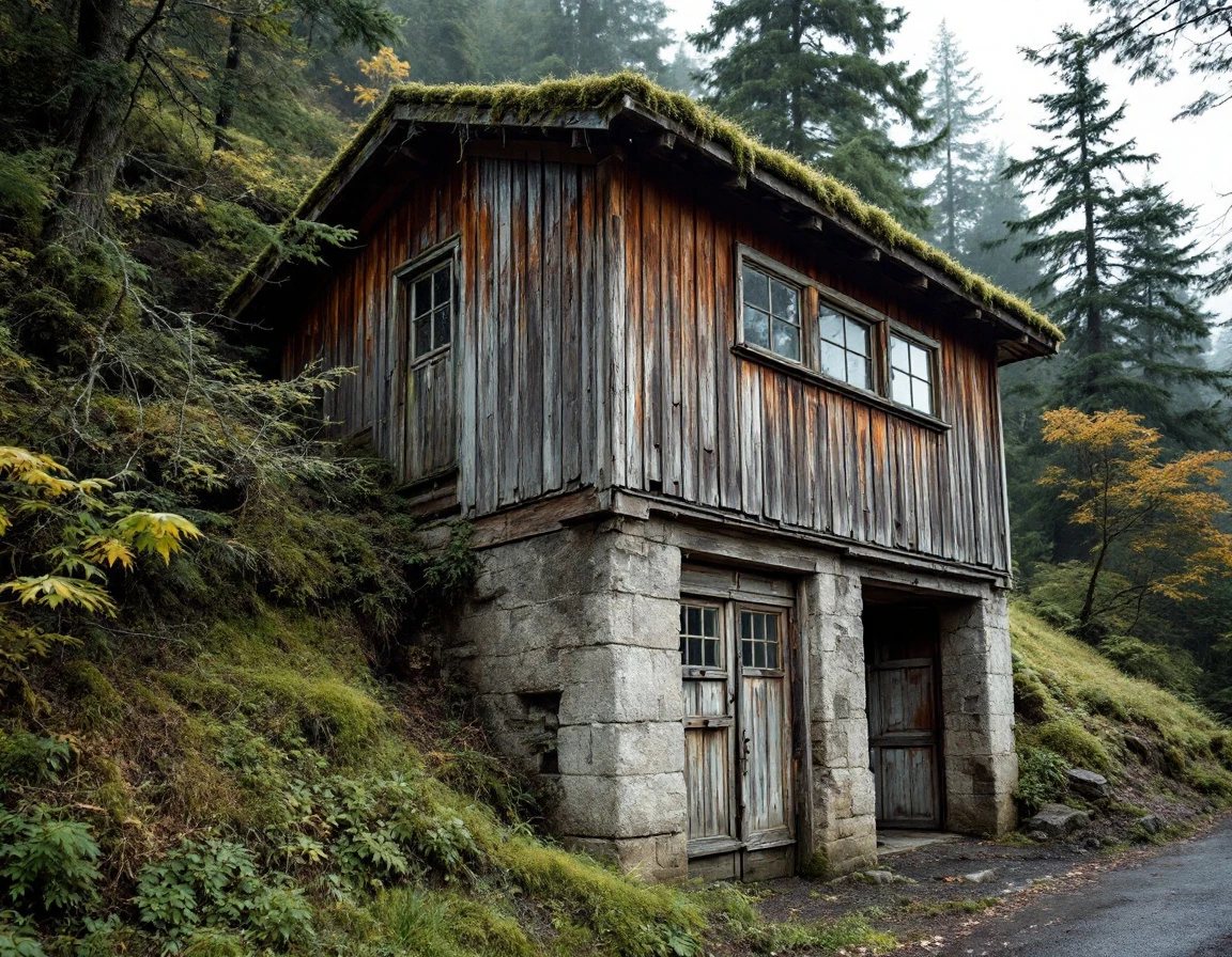 Historic wooden garage on steep Oregon City hillside showing foundation settling from slope movement