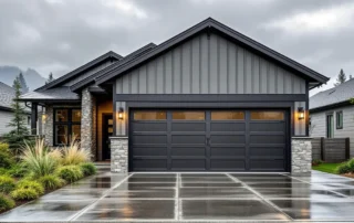 Premium carriage-style garage door on upscale Camas home with Pacific Northwest landscaping under overcast skies