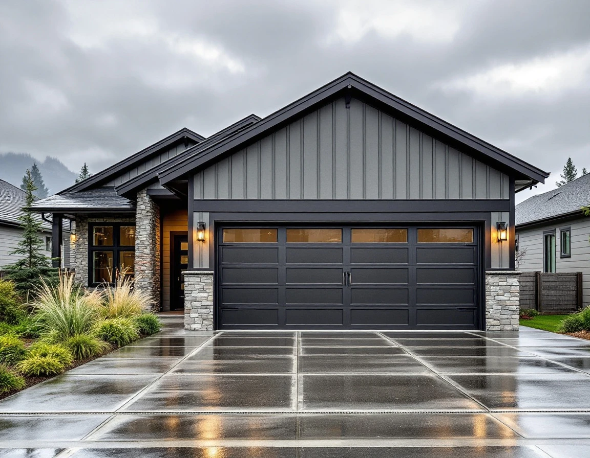 Premium carriage-style garage door on upscale Camas home with Pacific Northwest landscaping under overcast skies