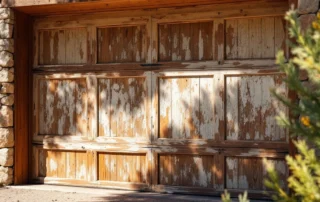 Cedar garage door panels with severe UV paint cracking and irregular fading from Central Oregon sun exposure