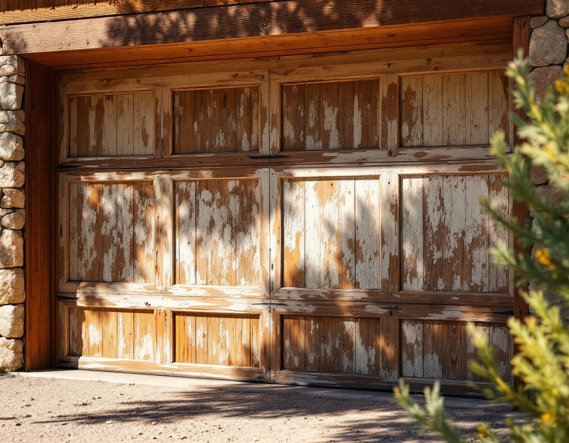 Cedar garage door panels with severe UV paint cracking and irregular fading from Central Oregon sun exposure