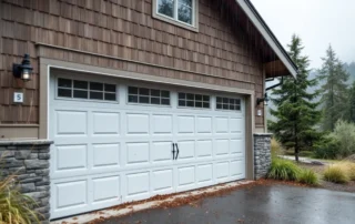 Garage door showing wind stress damage in Cascade Locks with Columbia Gorge landscape background