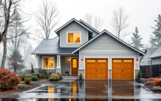 Two-car garage home in North Plains during characteristic Tualatin Valley winter fog with wet driveway