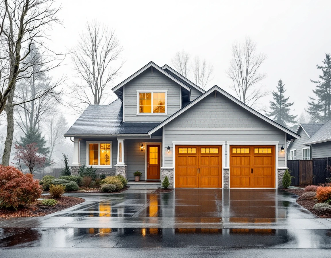 Two-car garage home in North Plains during characteristic Tualatin Valley winter fog with wet driveway