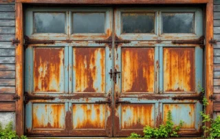 1920s garage door in Longview showing rust damage on metal hardware and springs from Pacific Northwest moisture