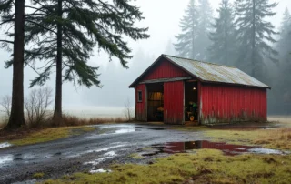 Barn-style detached garage on rural Tualatin Valley farm property with gravel driveway and seasonal moisture