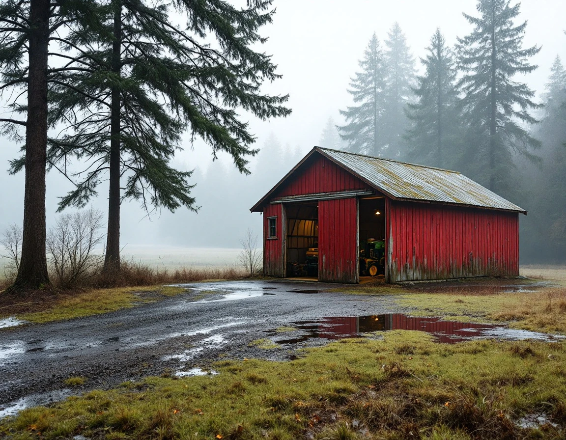 Barn-style detached garage on rural Tualatin Valley farm property with gravel driveway and seasonal moisture
