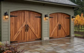 Wine estate garage with wooden carriage doors and autumn vineyard rows in McMinnville's Willamette Valley