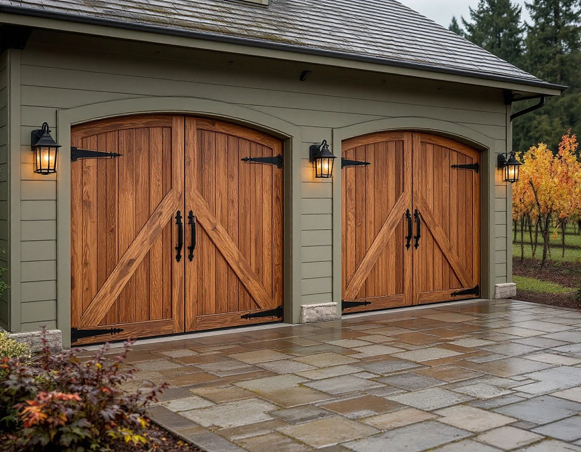 Wine estate garage with wooden carriage doors and autumn vineyard rows in McMinnville's Willamette Valley