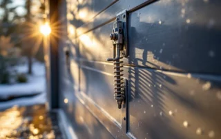 Frost-covered garage door springs on Bend home showing effects of overnight freezing temperatures