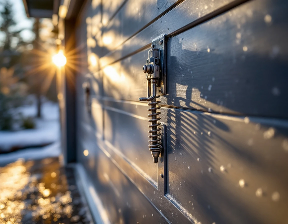 Frost-covered garage door springs on Bend home showing effects of overnight freezing temperatures