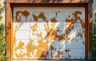 Sun-damaged garage door with peeling white paint revealing rust-orange primer in Central Oregon climate