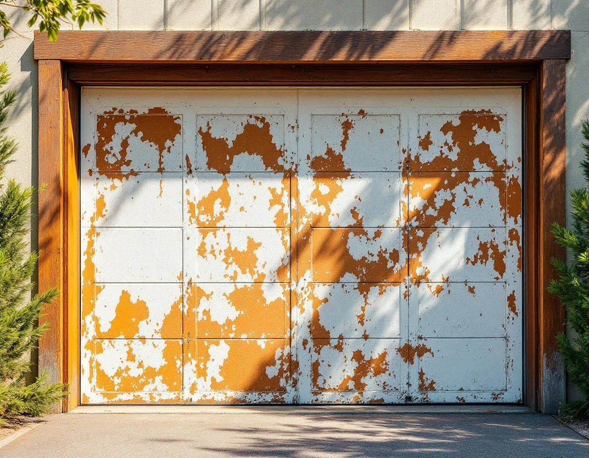 Sun-damaged garage door with peeling white paint revealing rust-orange primer in Central Oregon climate