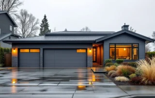 Modern Villebois home with three-car garage on wet driveway under overcast Pacific Northwest sky