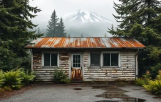 Weathered garage with rust damage and wood rot near Mt. St. Helens showing effects of heavy Pacific Northwest rainfall