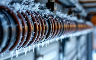 Garage door torsion springs with frost crystals showing freeze-thaw stress in winter conditions