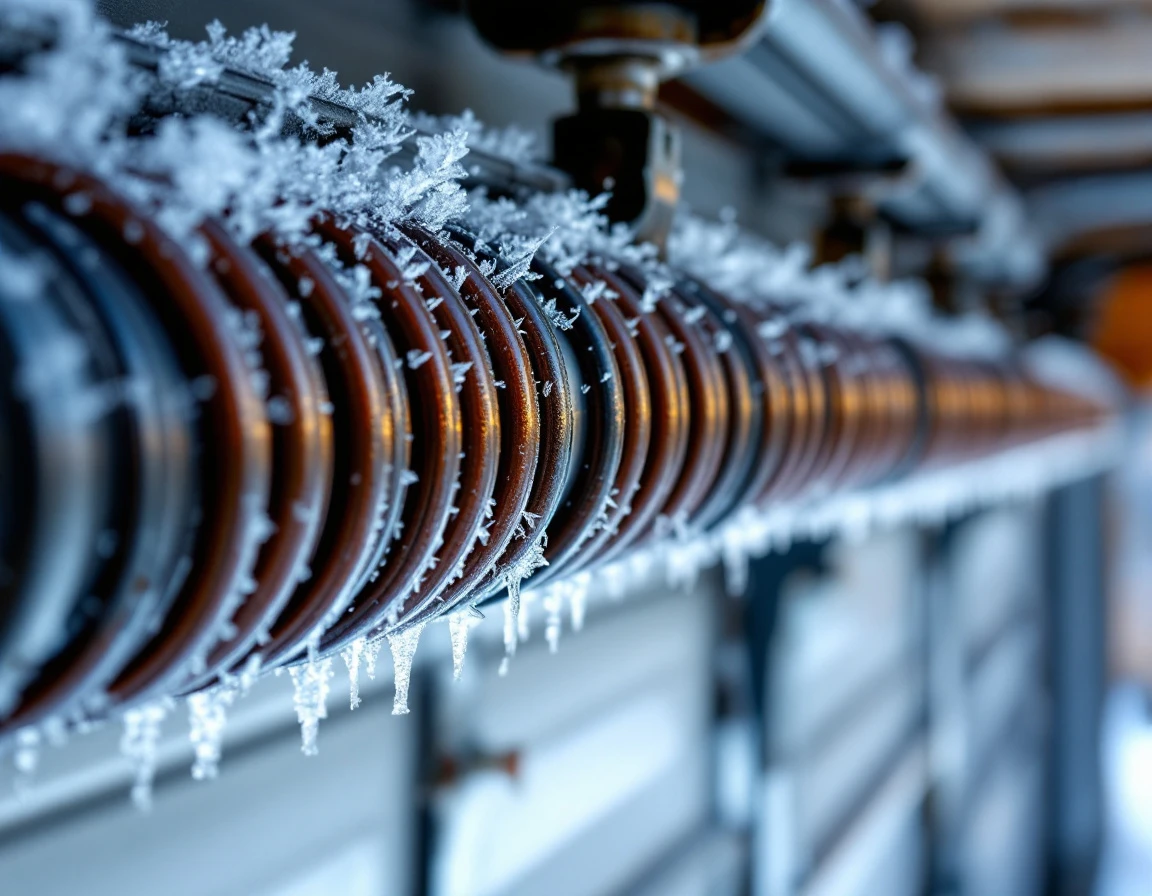 Garage door torsion springs with frost crystals showing freeze-thaw stress in winter conditions