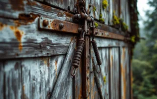 1920s detached garage in Longview showing moisture damage, wood rot, and rusted vintage hardware from decades of rainfall