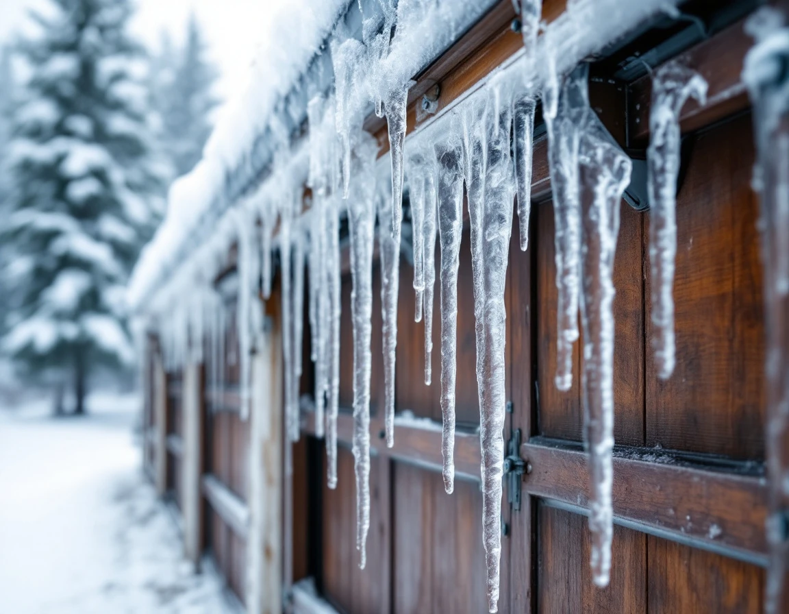 Ice-encrusted garage door tracks and metal components during Columbia Gorge winter storm in Stevenson