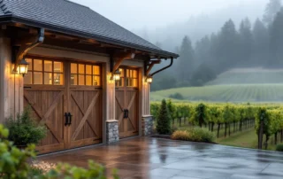 Luxury wine country estate with carriage-style garage doors amid Dundee vineyard rows and morning fog