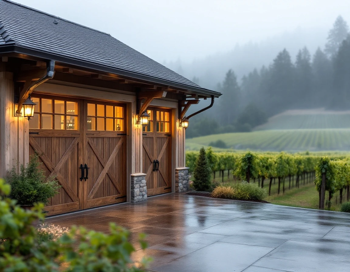 Luxury wine country estate with carriage-style garage doors amid Dundee vineyard rows and morning fog