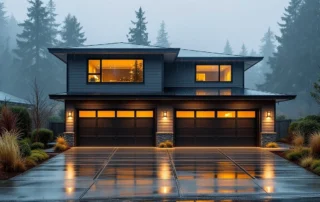Modern Hillsboro home with two-car garage on wet driveway during foggy winter evening in Tualatin Valley