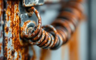 Corroded garage door spring showing rust patterns from Kalama's river humidity on galvanized steel hardware