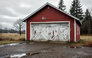 Weathered farmhouse garage door showing freeze-thaw damage and peeling paint in rural Cornelius