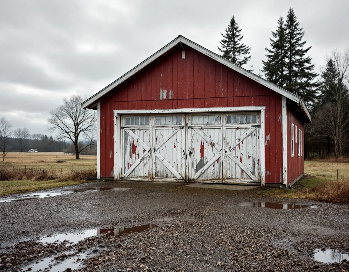 Weathered farmhouse garage door showing freeze-thaw damage and peeling paint in rural Cornelius