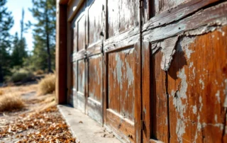 Cracked and faded garage door paint showing UV damage from Central Oregon's high-altitude sun exposure