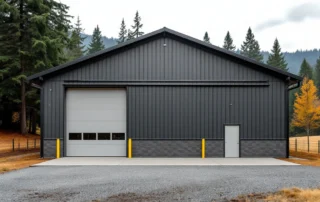 Modern metal agricultural garage with oversized doors in rural Amboy foothills setting with evergreen forest backdrop