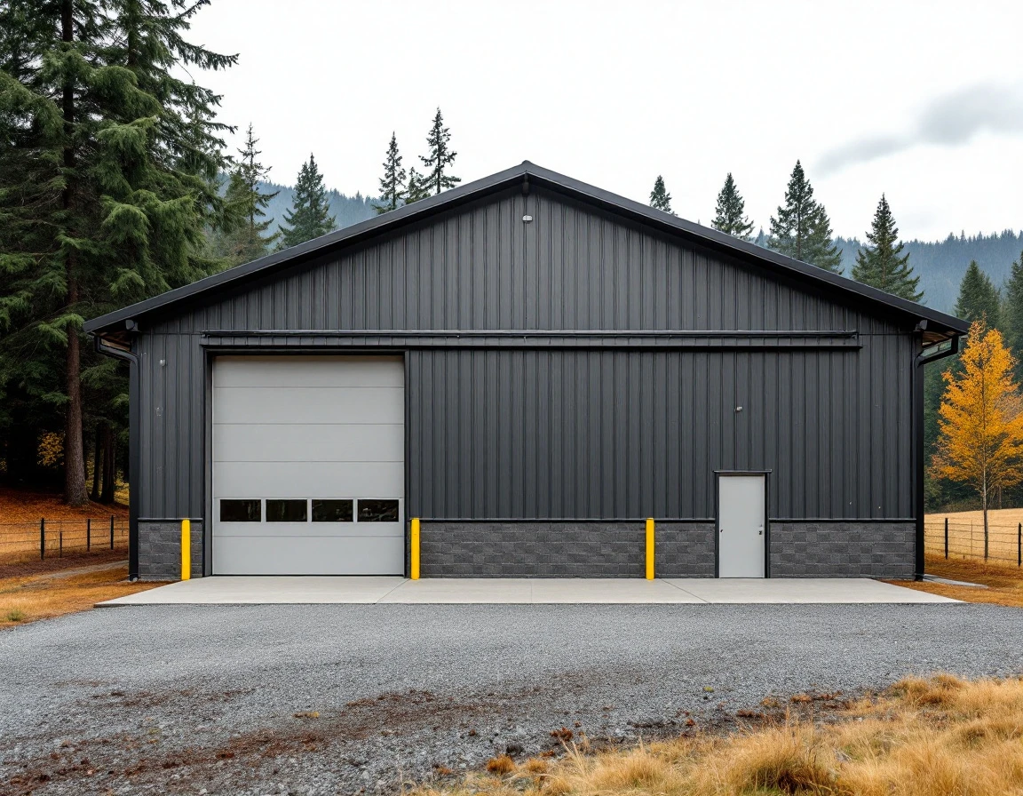 Modern metal agricultural garage with oversized doors in rural Amboy foothills setting with evergreen forest backdrop